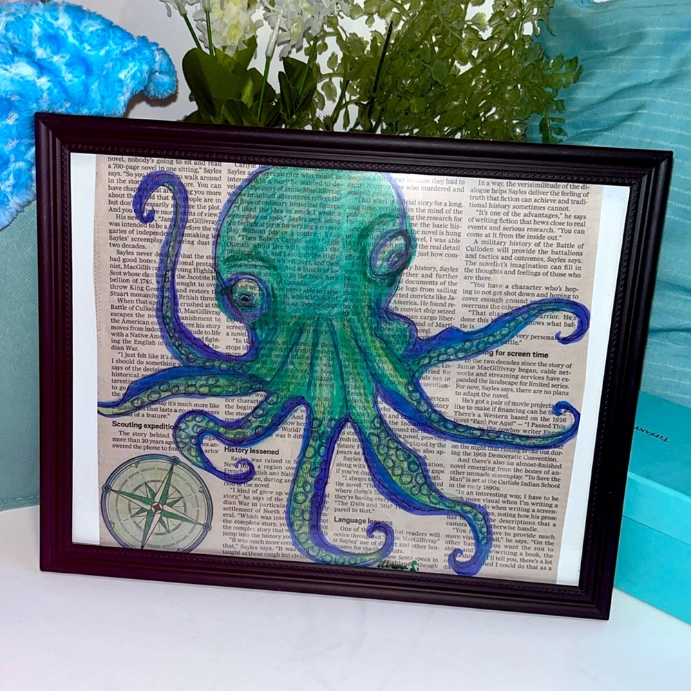 NWT Framed 1oak Aqua blue green Octopus Art with Compass Design ocean sea art